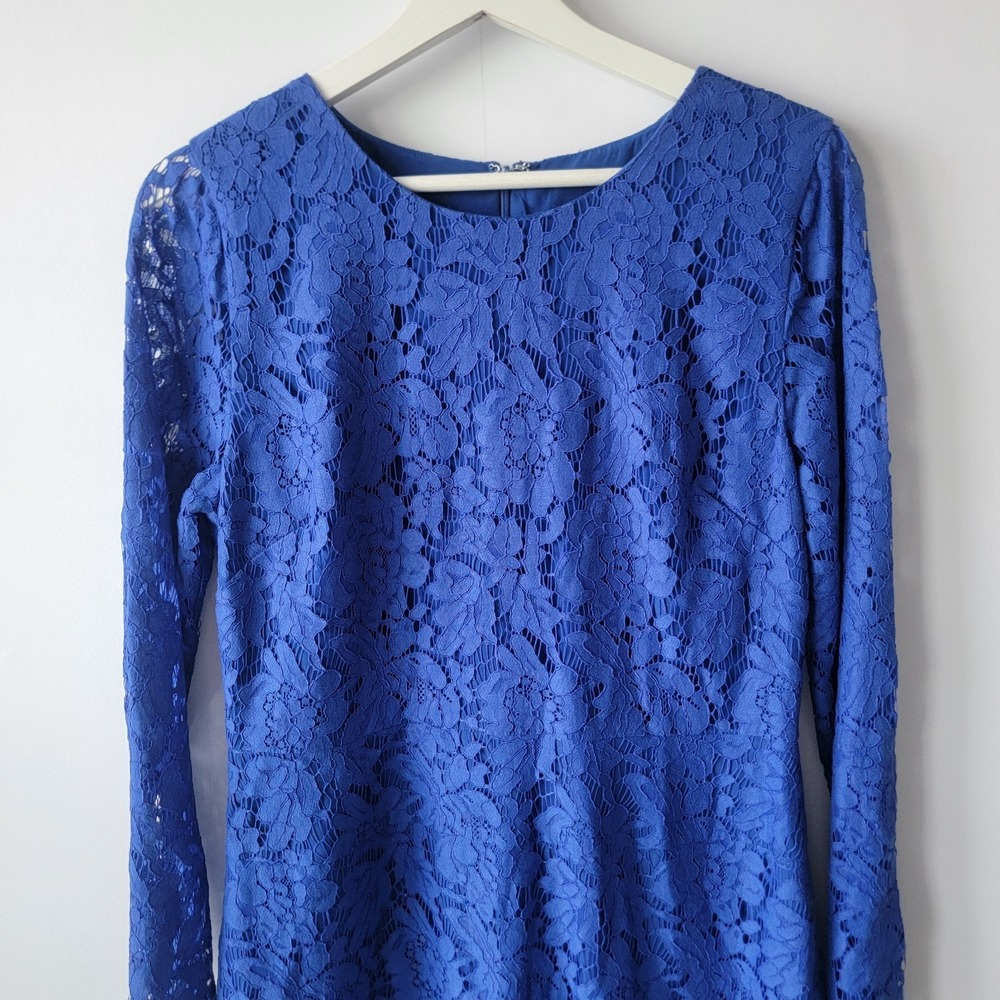 J. Crew women's Cobalt Blue Lace Mini Fit & Flare Full Sleeve Dress size 10 - Picture 3 of 8